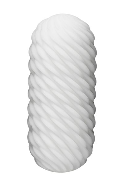Masturbator TENGA 3Dx FLOW mit Wellen-Reliefs, neben seinem Trockenständer