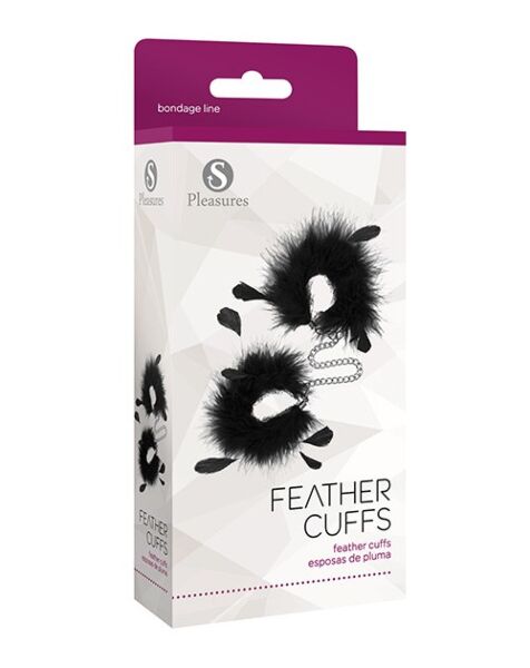 Handschellen S Pleasures Feather Cuffs, zwei Handschellen mit Federn, verbunden durch eine Kette