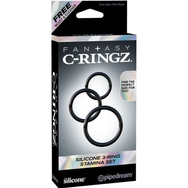 Drei schwarze Pipedream Fantasy C-Ringz Stamina Penisringe für Penis und Hoden
