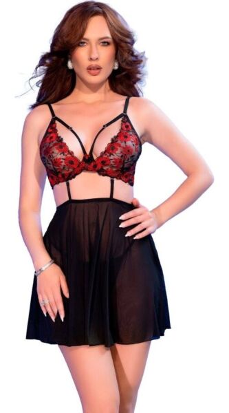 Babydoll Chilirose CR 4869 mit besticktem BH, Tüllrock und Tanga