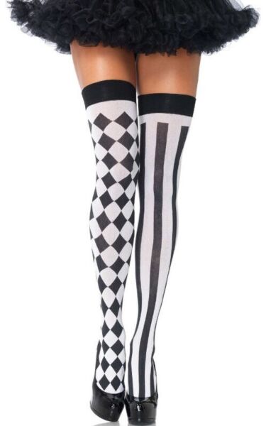 Overknee-Strümpfe Leg Avenue Harlequin mit schwarz-weißem Rautenmuster