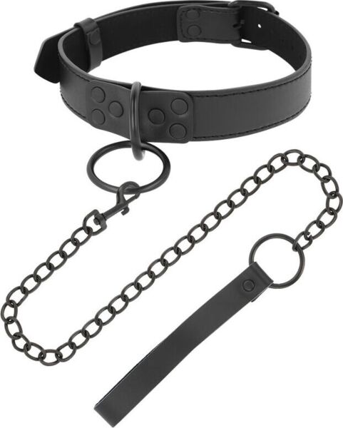 Halsband mit Kette Darkness, schwarz, die Kette am Ring des Halsbands eingehängt