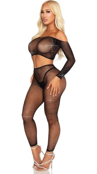 Leg Avenue Captivating Crush in Schwarz, Crop-Top und Leggings aus Netz mit Strass