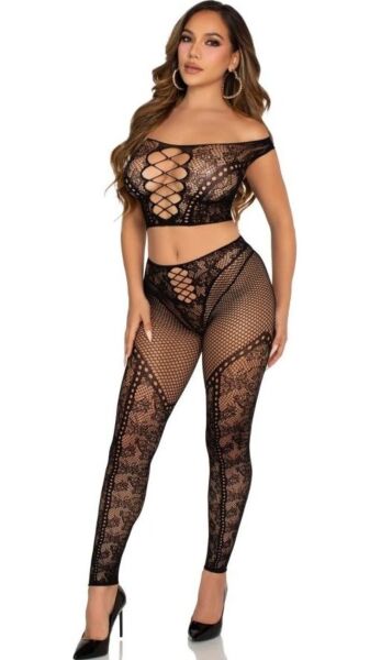 Dessous-Set Leg Avenue Love Me Tonight in Schwarz: Crop-Top mit freien Schultern und Leggings aus Spitze und Netz