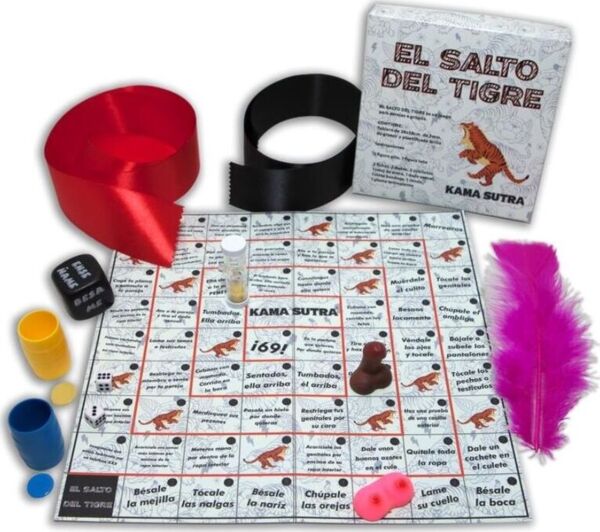 Erotik-Brettspiel Diablo Picante Salto del Tigre mit Spielbrett, Würfeln und Zubehör