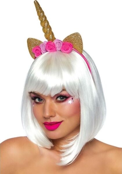 Haarreif Einhorn Leg Avenue Golden Unicorn Flower mit goldenem Spiralhorn, glitzernden Ohren und rosa Rosen