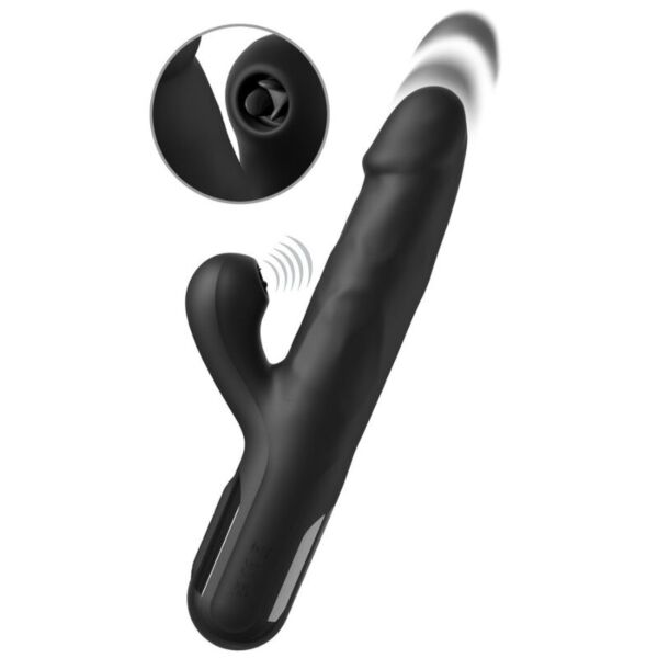 Schwarzer Rabbit-Vibrator Pipedream Sonix Silicone Thruster mit texturiertem Schaft und Klitorisarm mit Zungen