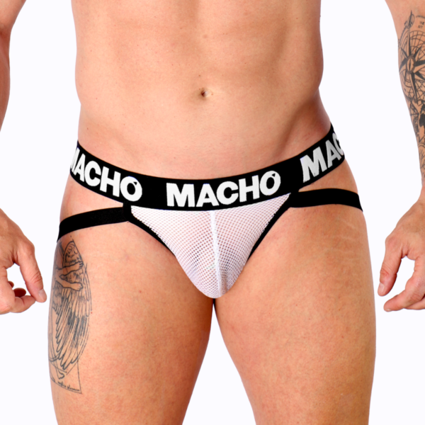 Weißer Jockstrap Macho Underwear MX26X1 mit halbtransparentem Netz