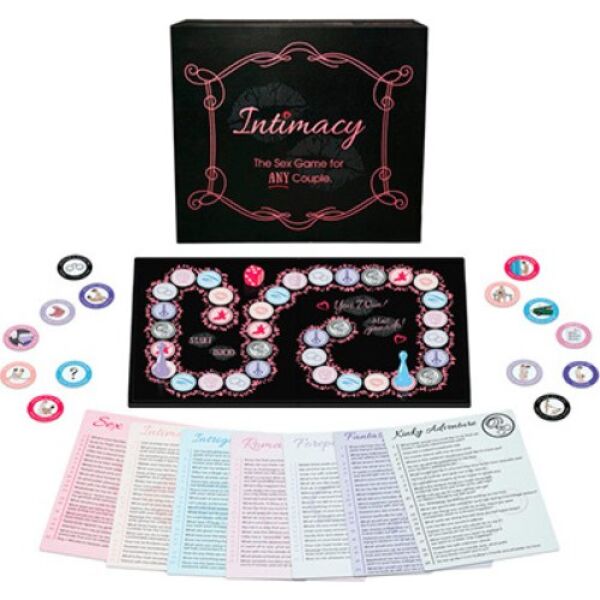 Brettspiel Kheper Games Intimacy mit Spielbrett, Würfel, Spielfiguren und Belohnungsmünzen