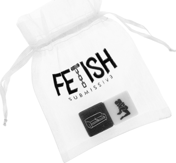 Sexwürfel Fetish Submissive, ein weißer und ein schwarzer, neben ihrem Satinbeutel
