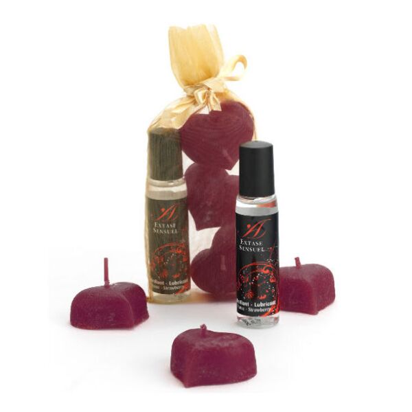 Paar-Set Extase Sensuel Noches de Seda mit den Kerzen in Blütenblattform und dem Fläschchen Erdbeer-Gleitgel