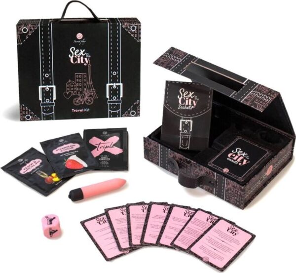 Reiseset Secret Play Sex in the City mit Karten, Mini-Vibrator, Kamasutra-Würfel und Einzelportionen