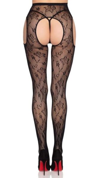 Strumpfhose Leg Avenue Esme 1967 aus schwarzem Netz mit Blumenmuster und Strapsoptik