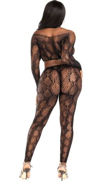 Dessous-Set Leg Avenue Cold Blooded 89373 aus kurzem Langarm-Top und fußloser Strumpfhose in schwarzem Netz mit Schlangenmuster