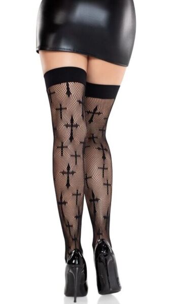 Schwarze Oberschenkel-Netzstrümpfe Leg Avenue Worship Me mit Kreuzmuster