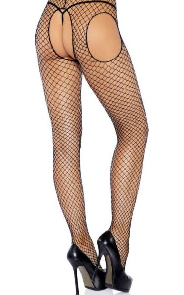 Schwarze Netzstrumpfhose Leg Avenue Industrial Net Suspender Hose mit Strapslook und Öffnung im Schritt