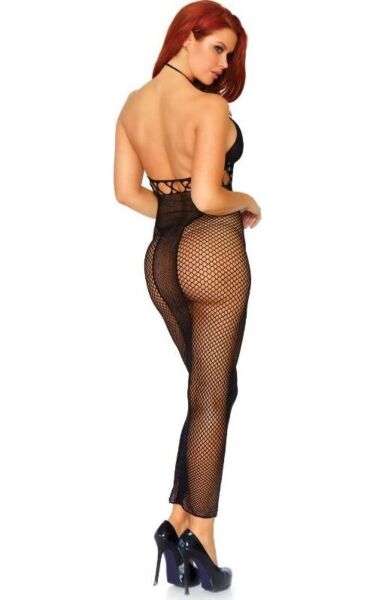 Langes Netzkleid Leg Avenue Power Move in Schwarz, mit Neckholder und freiem Rücken
