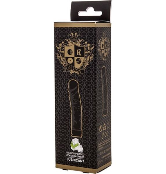 Gleitgel Eros Action Cooling Effect 100 ml in der schwarzen Flasche in Form eines realistischen Dildos