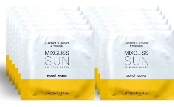 Packung mit 12 Monodosen des Mixgliss Sun Monoi Gleitgels auf Silikonbasis