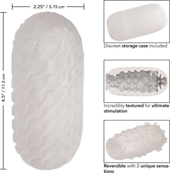 Weißer CalExotics Boundless Reversible Nubby Stroker Masturbator neben seiner Box