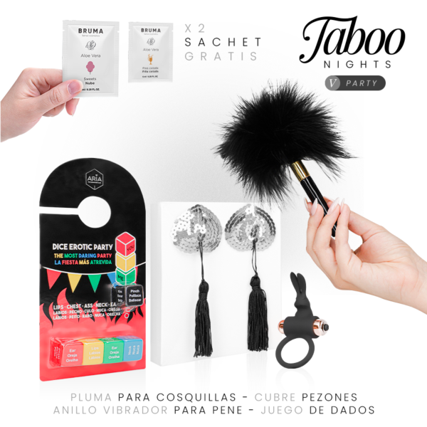 Erotik-Set Taboo Nights 5: Party mit Würfelspiel, Vibrationsring, Pasties, Federkitzler und Gleitgel