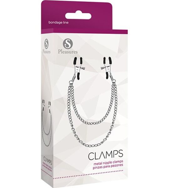 Silberfarbene Nippelklemmen S Pleasures Metal Nipple Clamps, durch ihre Kette verbunden