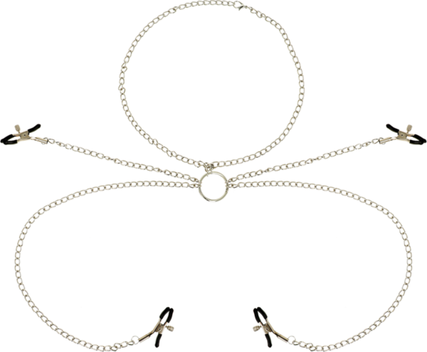 Nippelklemmen Ohmama Fetish mit Halsband, mit vier Klemmen und Ketten, die an einem Ring verbunden sind