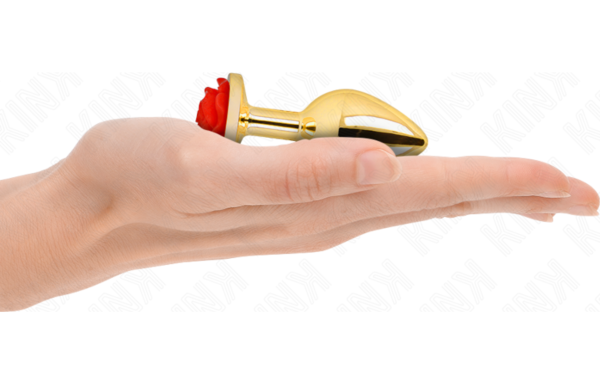 Analplug Kink Rote Rose S aus goldenem Edelstahl mit konischem Körper und roter Rose an der Basis