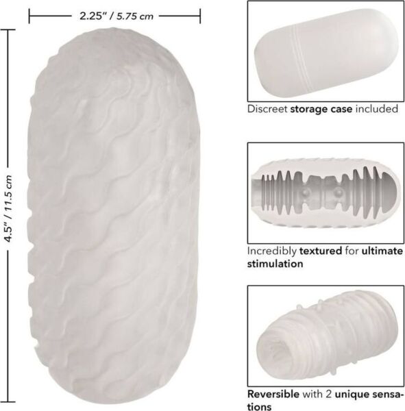 Weißer Masturbator CalExotics Boundless Reversible Ribbed Stroker neben seiner Box