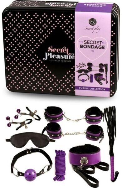 Bondage-Set Secret Play mit Peitsche, Handschellen, Kugelknebel, Seil, Augenmaske, Halsband und Nippelklemmen, alles in Schwarz