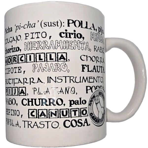 Weiße Keramiktasse Diablo Picante mit 370 ml und Penis-Synonymen in schwarzer Schrift