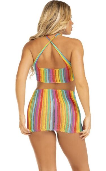 Minikleid Leg Avenue Technicolor Dream mit Regenbogenstreifen, Neckholder und gekreuzten Trägern