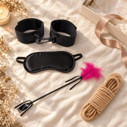 Soft-Bondage-Set für Einsteiger mit Handschellen, Augenbinde, Gerte und Seil – Stimmungsbild (KI-generiertes Bild)