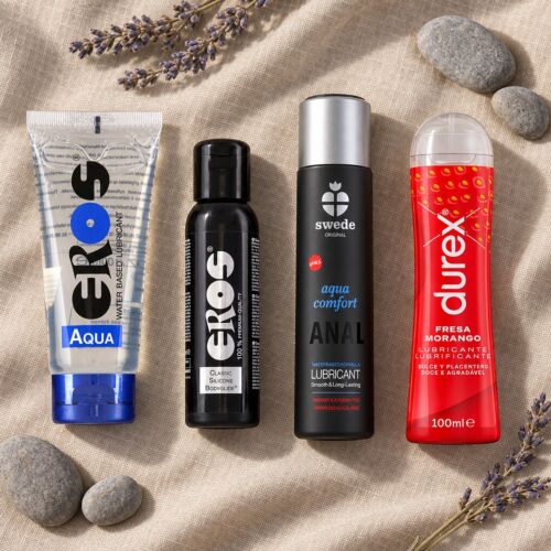 Gleitgel-Set mit Wasser-, Silikon-, Anal- und Geschmacksgleitgel – Stimmungsbild (KI-generiertes Bild)