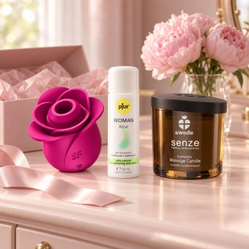 Geschenkset für sie mit Satisfyer Pro 2 und Massagekerze – Stimmungsbild (KI-generiertes Bild)