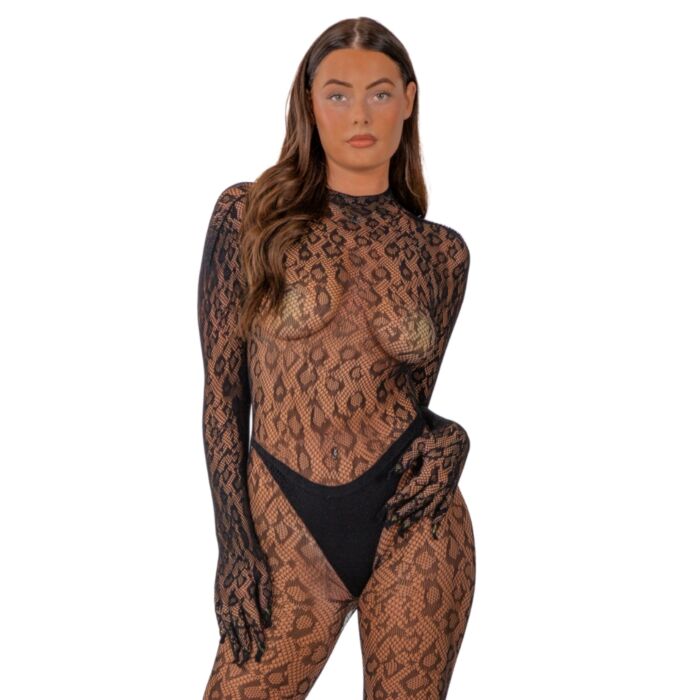 Bodystocking Lace Gloved Leopard Print Catsuit mit Handschuhen Bodystocking Lace Gloved Leopard Print Catsuit mit Handschuhen