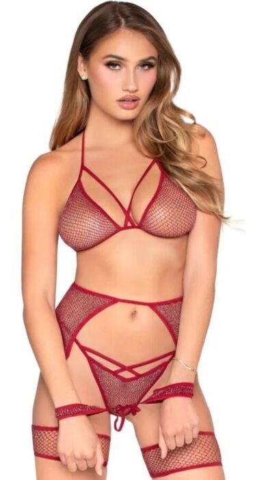 LEG AVENUE SETS 89362 Dessous Set Einheitsgröße mit Top String Strapsgürtel Handschellen