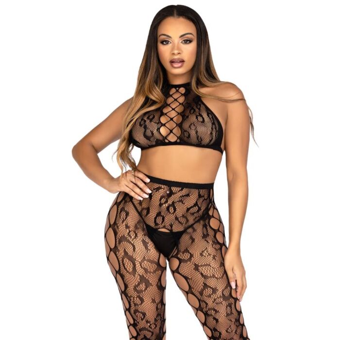 Crop Top und Crotchless Strumpfhosen Leg Avenue 89372 mit Leopardenmuster Crop Top und Crotchless Strumpfhosen Leg Avenue 89372 mit Leopardenmuster