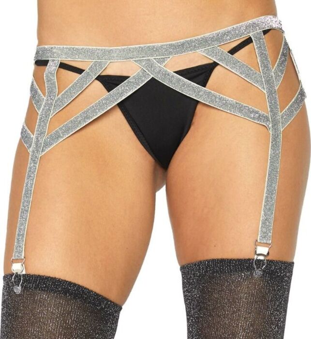 Leg Avenue silberner Lurex elastischer Strumpfgürtel einer Größe