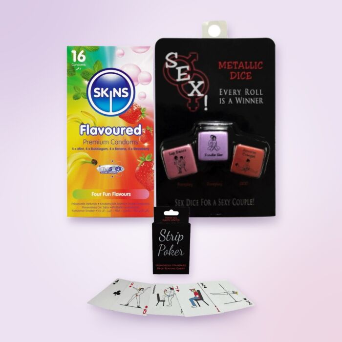 Witziges Wichtelgeschenk-Set mit Strip Poker, Würfeln und Kondomen