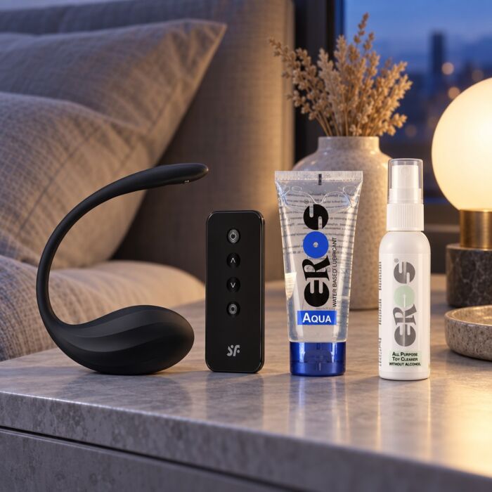 Set mit tragbarem Vibrator und App für Paare auf Distanz – Stimmungsbild (KI-generiertes Bild) Set mit tragbarem Vibrator und App für Paare auf Distanz – Stimmungsbild (KI-generiertes Bild)