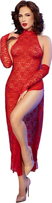 Lange Spitze Chilirose CR 4853 Rotes Kleid mit Handschuhen Lange Spitze Chilirose CR 4853 Rotes Kleid mit Handschuhen