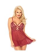 Transparentes Babydoll aus Spitze und burgunderfarbener String