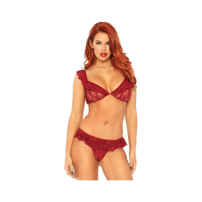 Leg Avenue 2 Stück Set Spitzen Bralette und Rüschen Tanga Burgund eine Größe