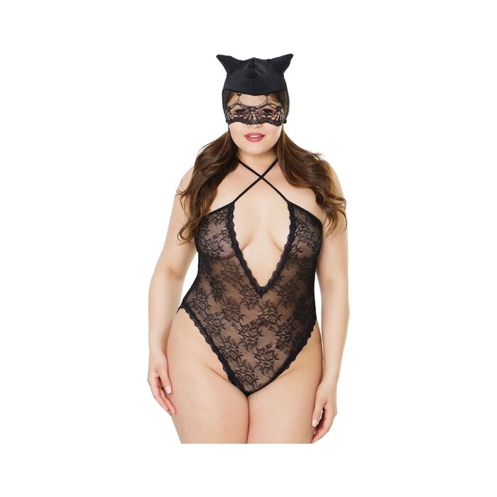 Spitzenbodysuit mit gekreuzten Trägern - schwarz