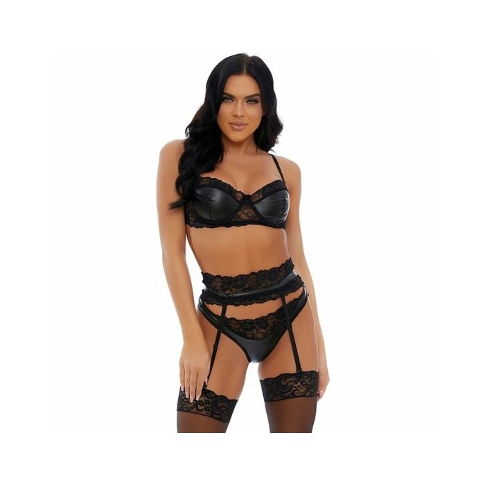 Mehr als Spitzen-Dessous-Set aus Kunstleder - schwarz