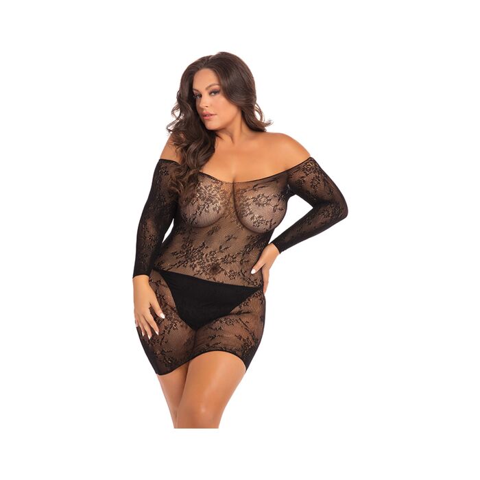 Offes schulterfreies Spitzenkleid - schwarz