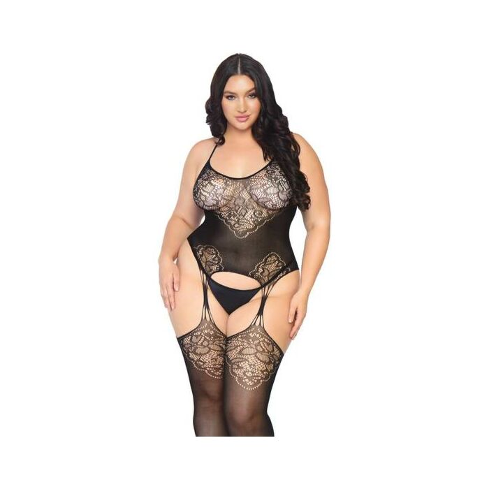 Nahtloses Spitzen-Bodystocking mit Strumpfgürtel - schwarz