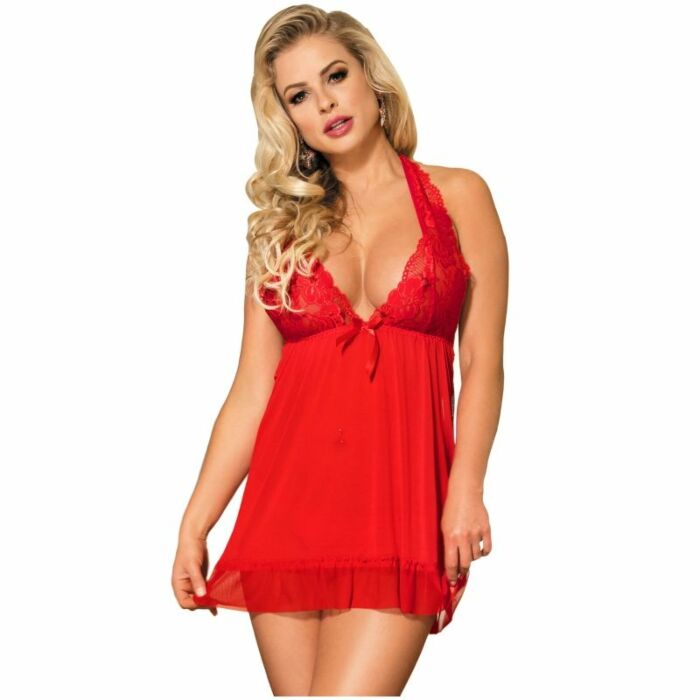 Subblime rotes Babydoll mit Blumenstickerei auf Brüsten s / m