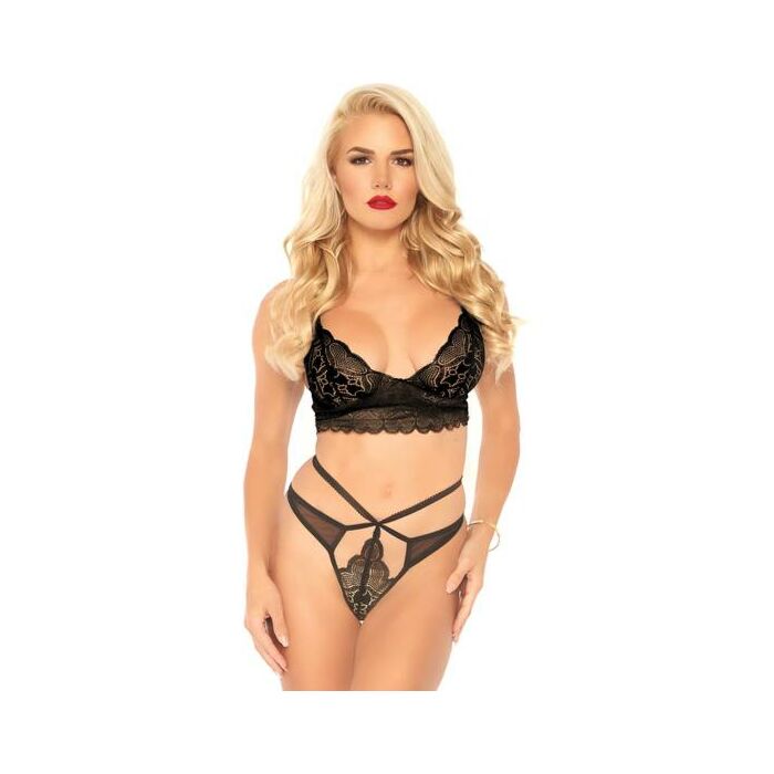 Spitzen-Bralette mit Riemchen-Tanga - schwarz